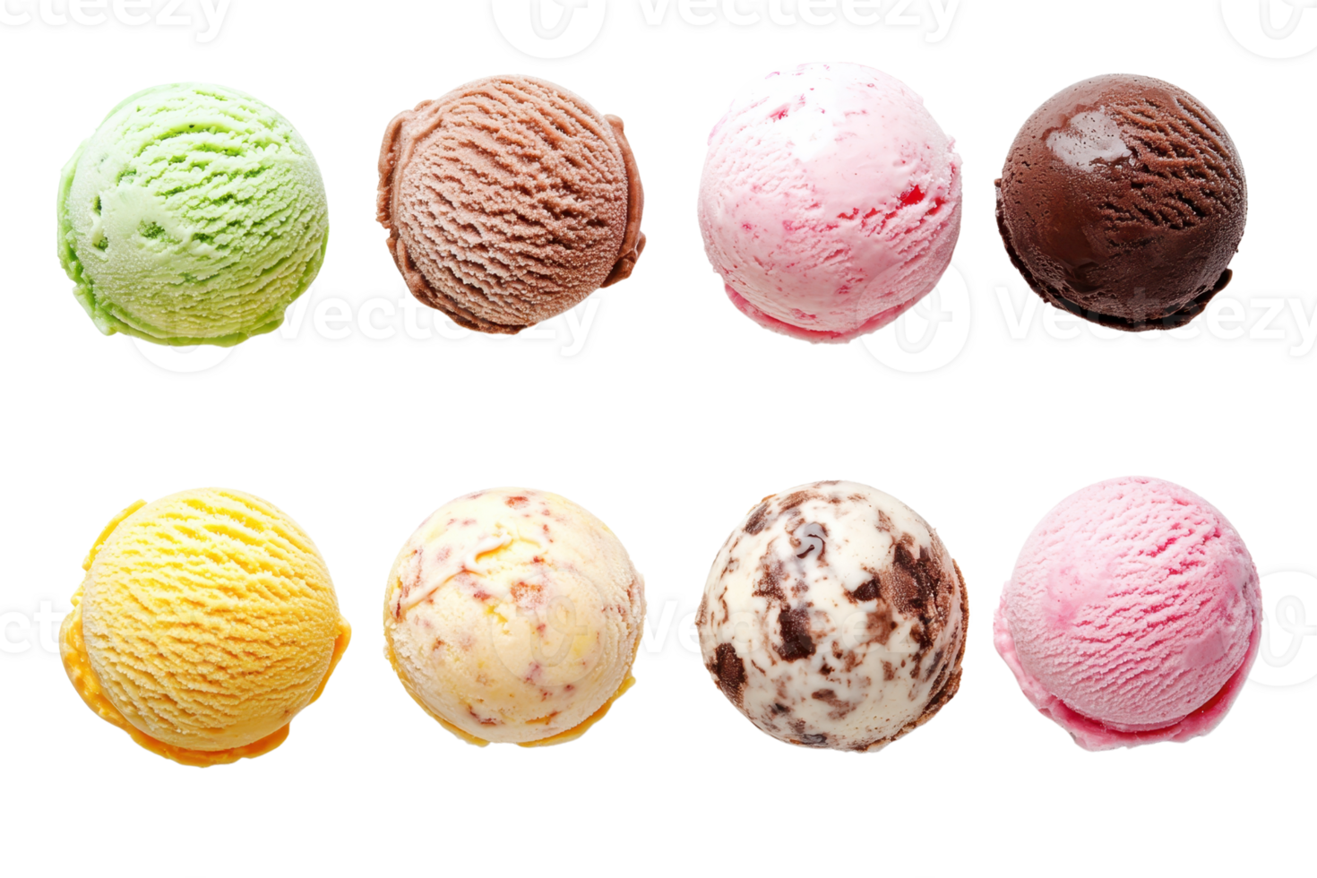 Eight colorful scoops of various flavored ice cream arranged in a row isolated on a transparent background. png