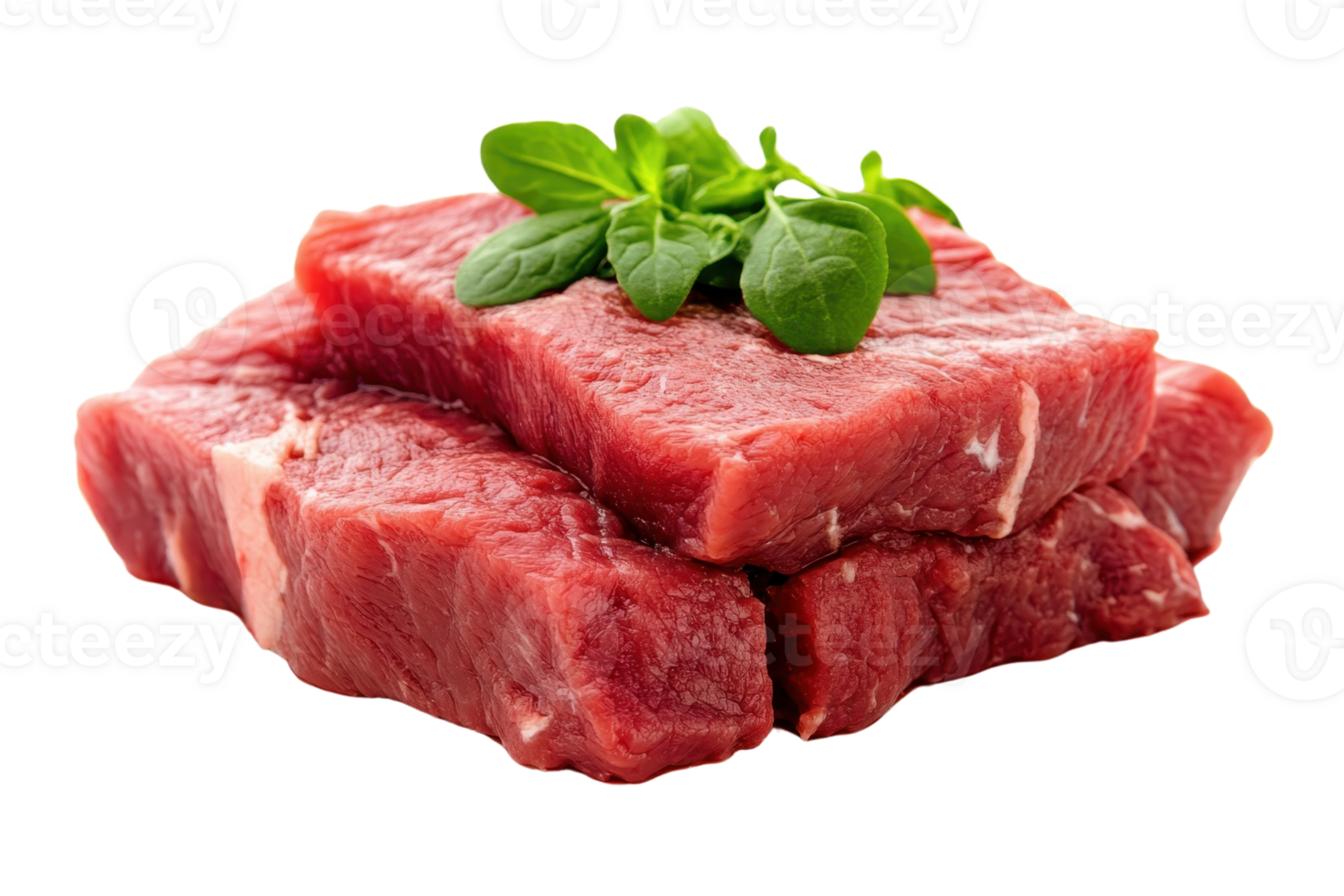 Fresh, raw beef steaks stacked with green basil leaves on top. High-quality meat ready for cooking. Isolated on transparent background. png