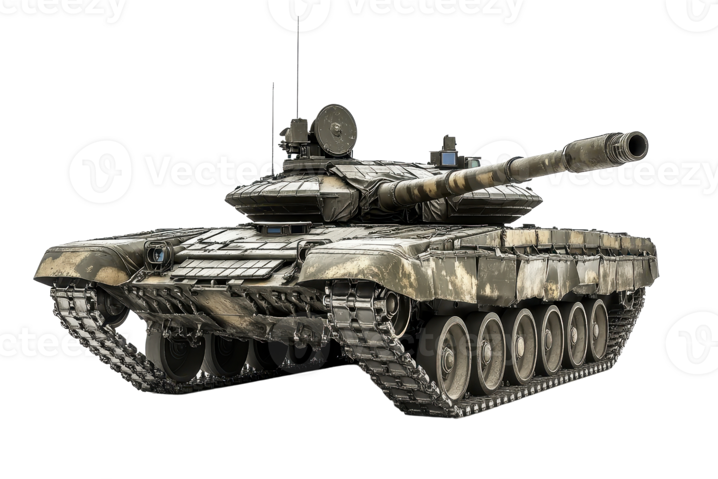 Modern military tank in camouflage, isolated on transparent background. Armored combat vehicle designed for heavy armored fighting and transportation. png