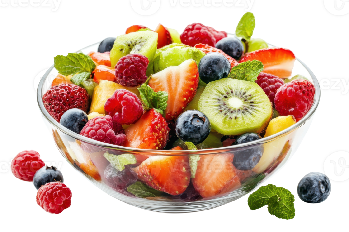 Fresh fruit salad in glass bowl with strawberries, kiwi, raspberries, blueberries, and mint on transparent background. isolated close-up png
