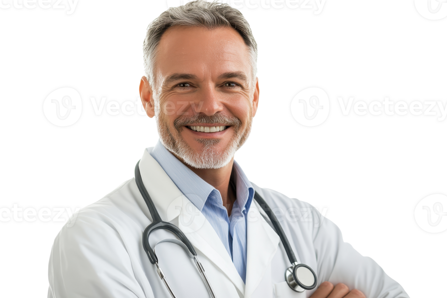 Smiling mature doctor with arms crossed, wearing a white coat and stethoscope, isolated on transparent background. png