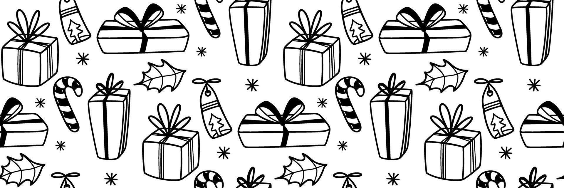 Christmas gift outline pattern. Festive winter doodle background. Hand drawn gift boxes with bows and ribbons. Minimalistic horizontal design for holidays, wrapping paper. illustration. vector