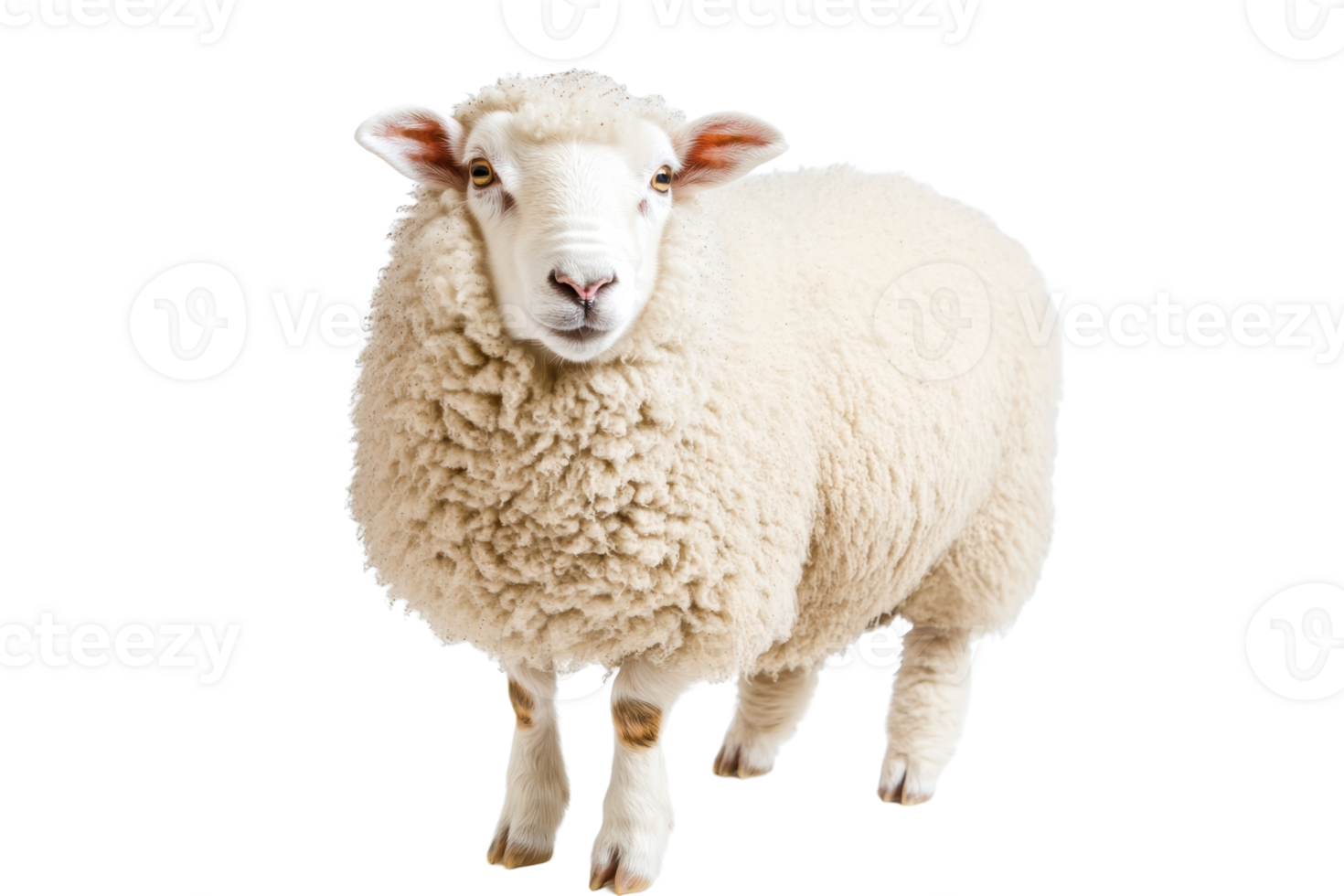 Portrait of a fluffy white sheep standing isolated on a transparent background. showcasing its woolly coat and innocent expression. png