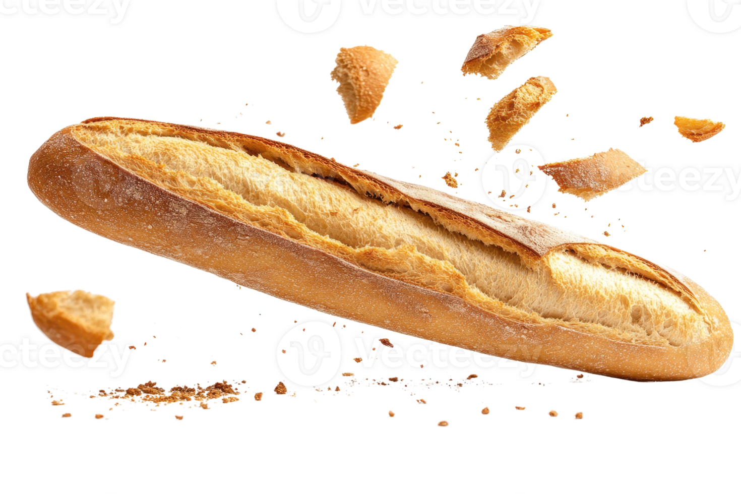 frisch gebacken Stangenbrot Laib mit golden Kruste und Krümel isoliert auf transparent Hintergrund. perfekt zum Bäckerei und kulinarisch Themen. png