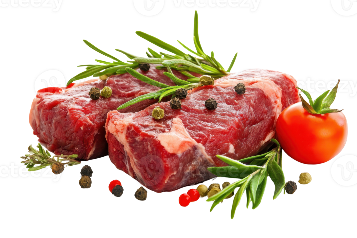 Fresh raw beef steak with rosemary, black pepper, and tomato isolated on transparent background. png