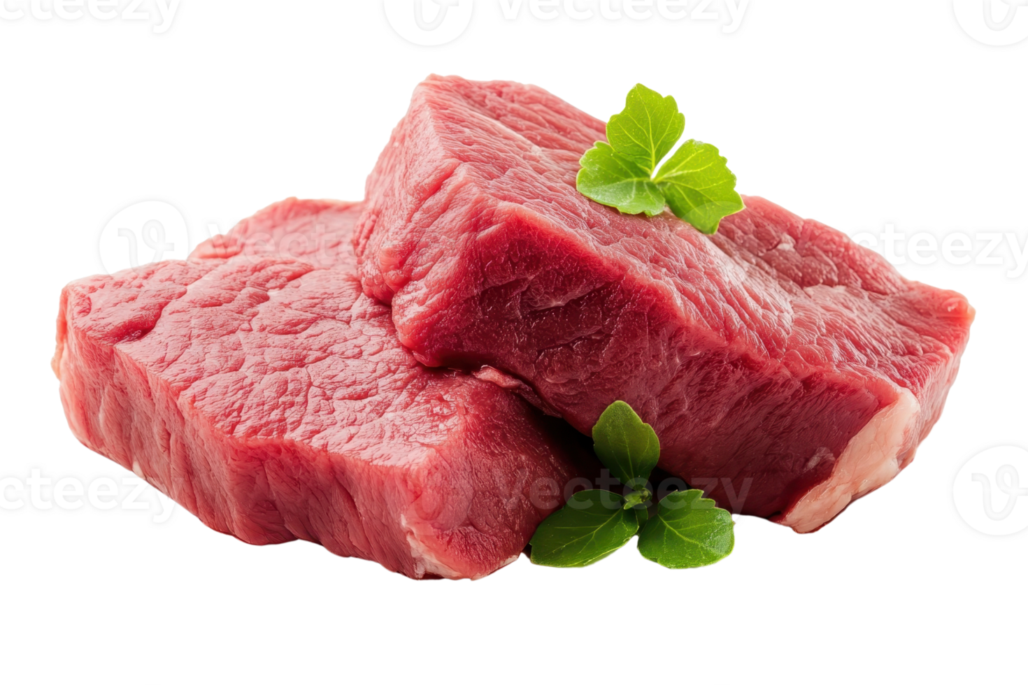 Fresh raw beef steak cut into portions, garnished with green herbs, isolated on transparent background. ready for cooking and grilling. png