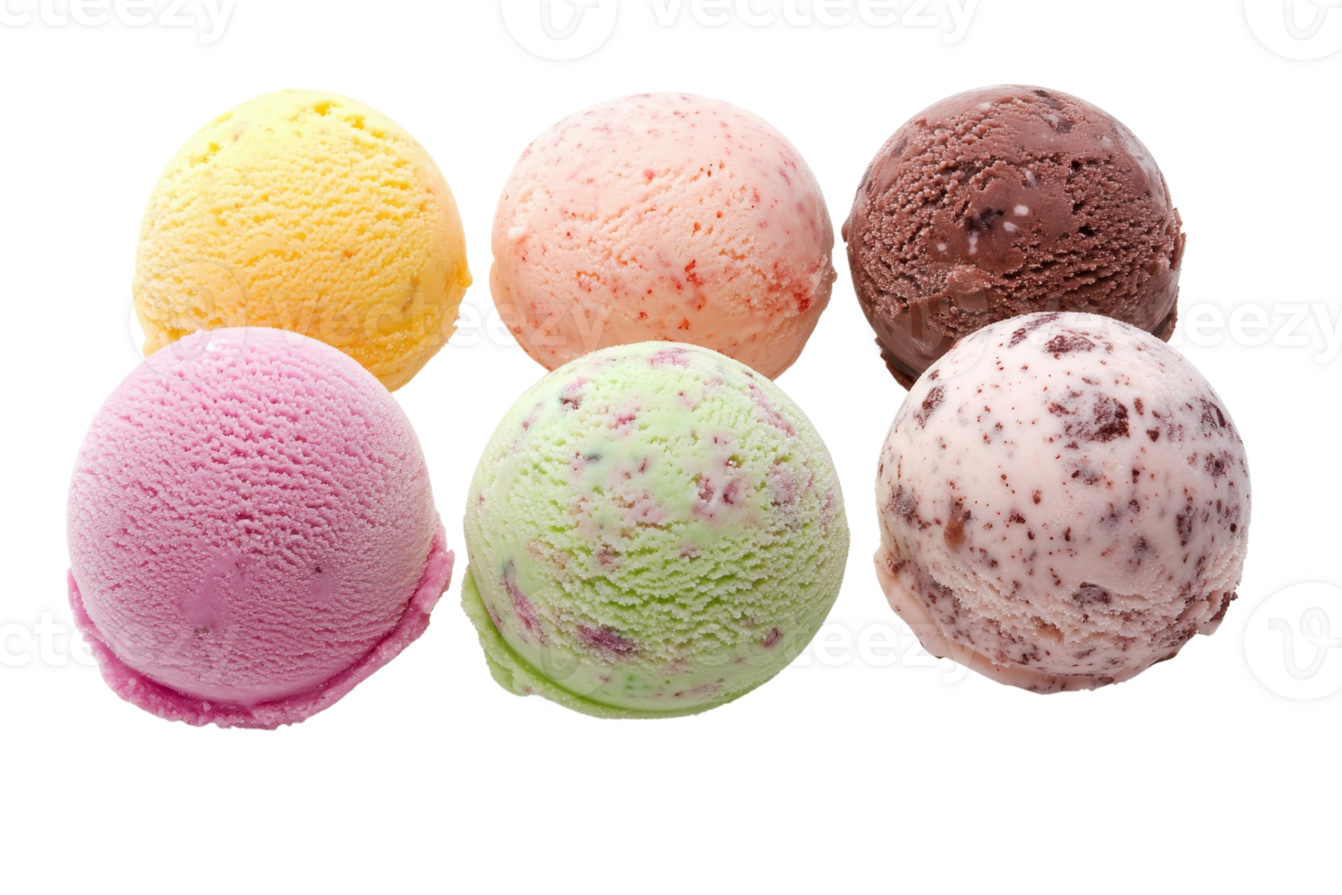 Six colorful scoops of delicious ice cream in various flavors arranged on a transparent background. creating a delightful dessert presentation. png