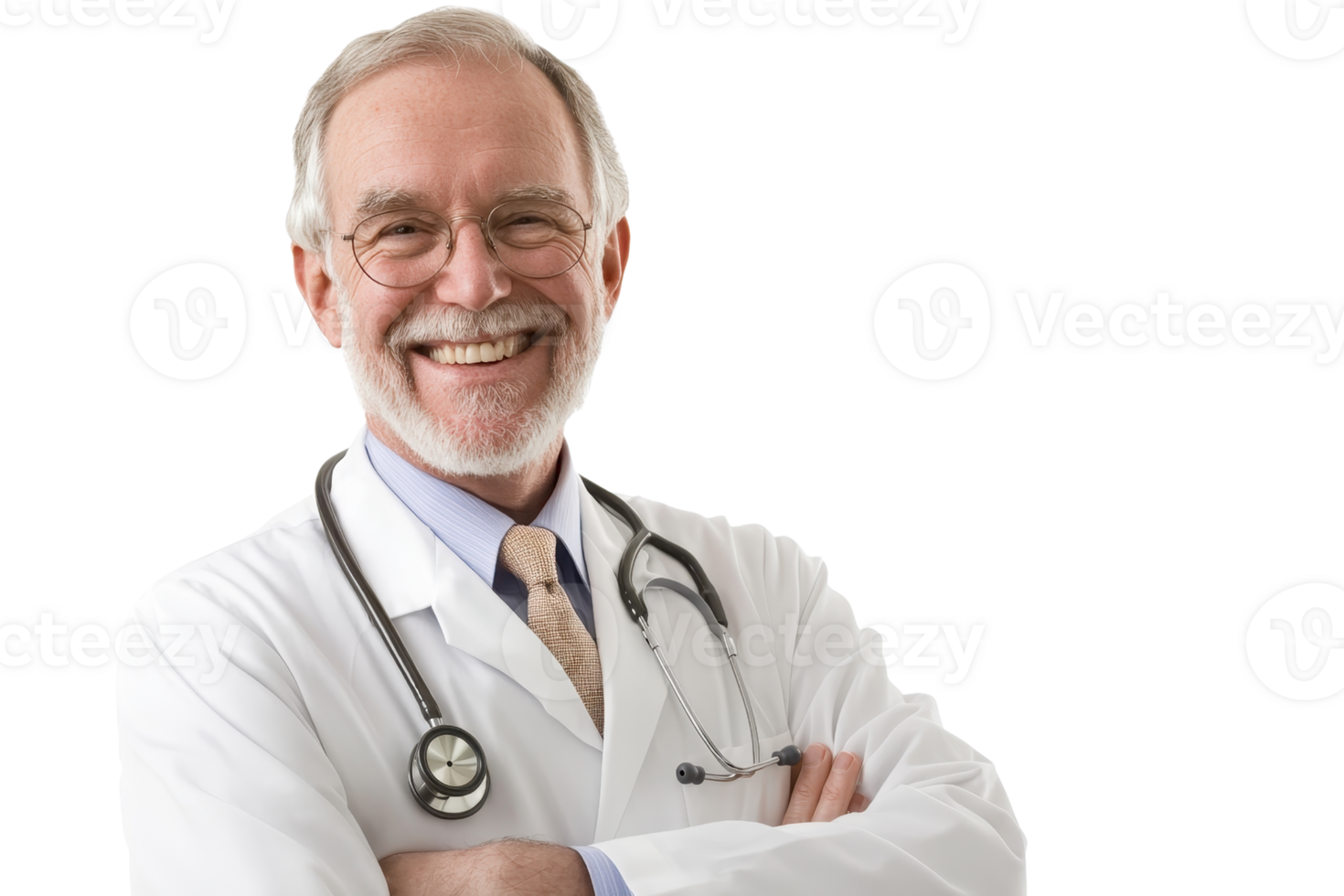 Smiling senior doctor in white coat with stethoscope on neck, representing healthcare professionalism and experience. png