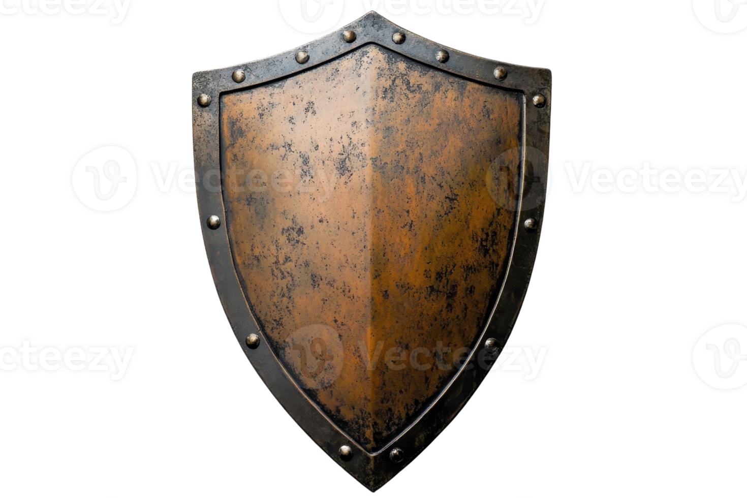 Rusted medieval shield with weathered metal surface and riveted edges, symbolizing protection and historical armor. Isolated on transparent background. png