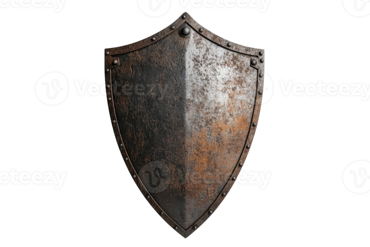 Iron medieval shield with weathered texture, isolated on a transparent background. showcasing antique craftsmanship and historical significance. png