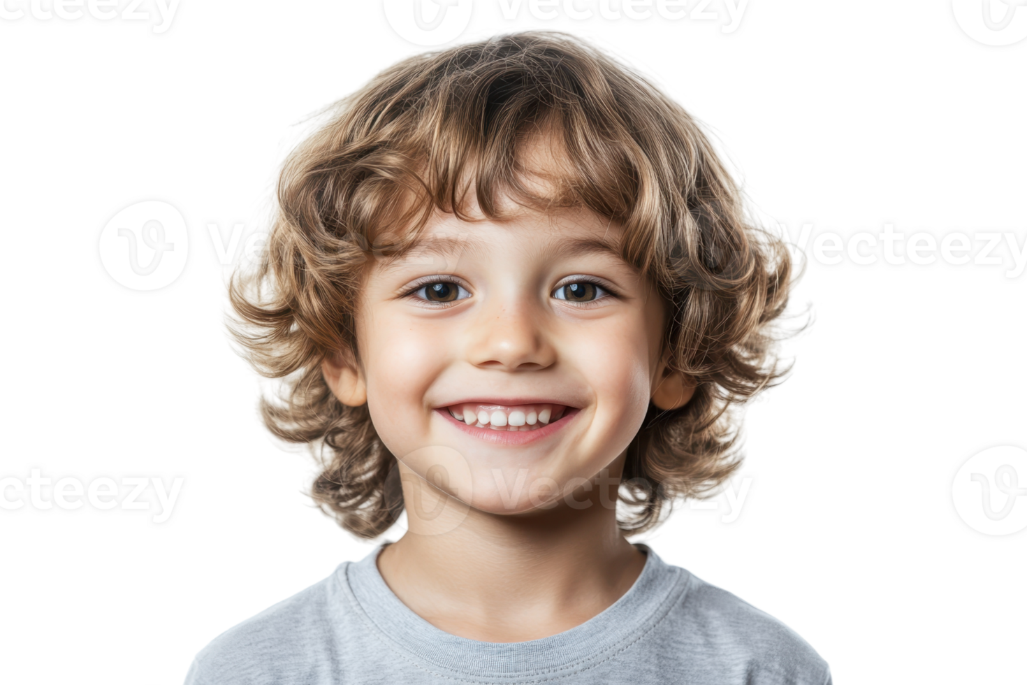 Smiling young boy with curly hair wearing a gray shirt, transparent background. close-up portrait, happy expression png
