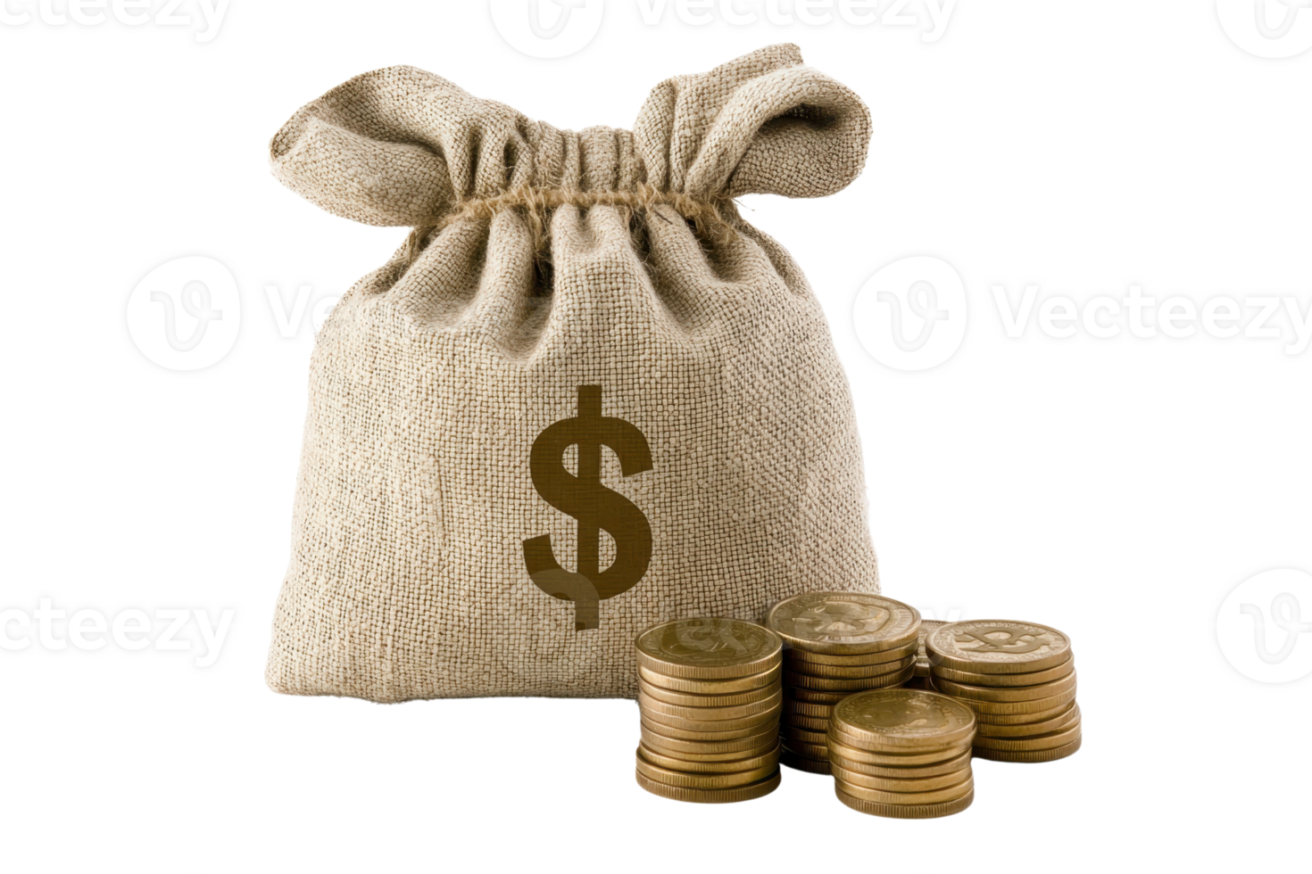 A burlap sack with a dollar sign, accompanied by stacked gold coins, symbolizing wealth, savings, and financial success. png