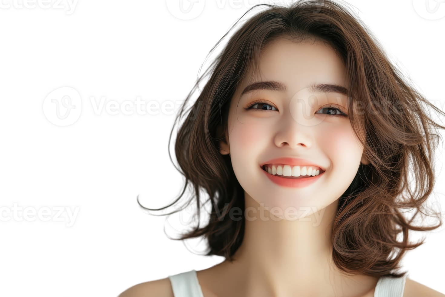 sorridente donna con ondulato Marrone capelli, radiante felicità e positività. Perfetto per stile di vita, benessere, o bellezza azione foto necessità. png