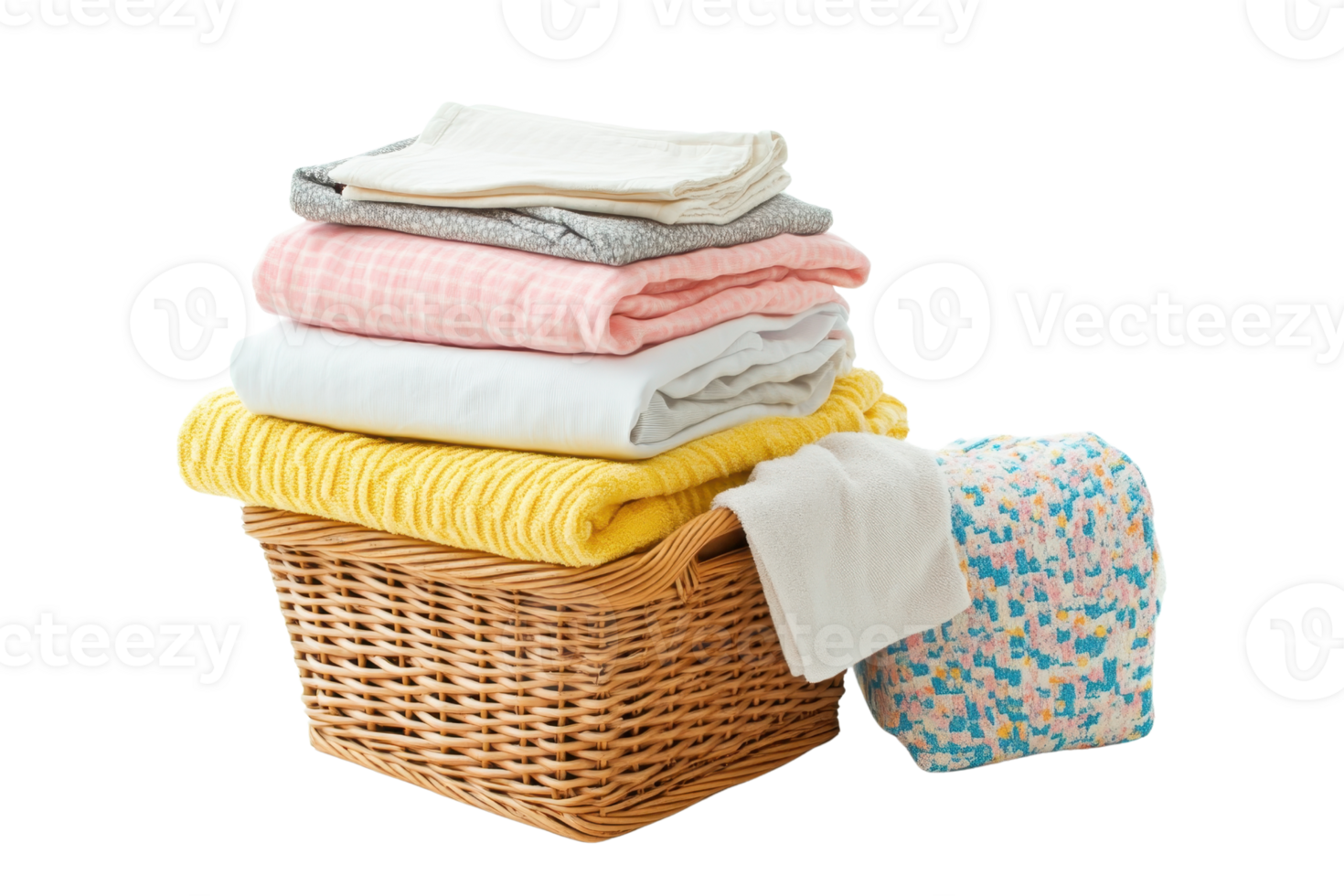 Stack of freshly folded laundry in a wicker basket with colorful clothes and diapers for household cleanliness and hygiene. png