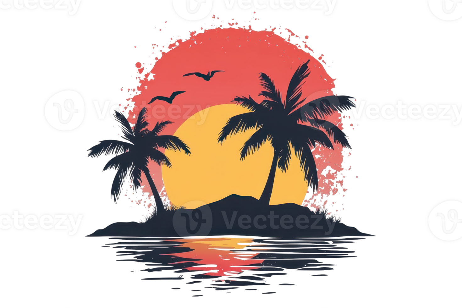 Tropical sunset illustration featuring palm trees, birds, and an island silhouette with a vibrant orange and yellow sky reflection on water. png