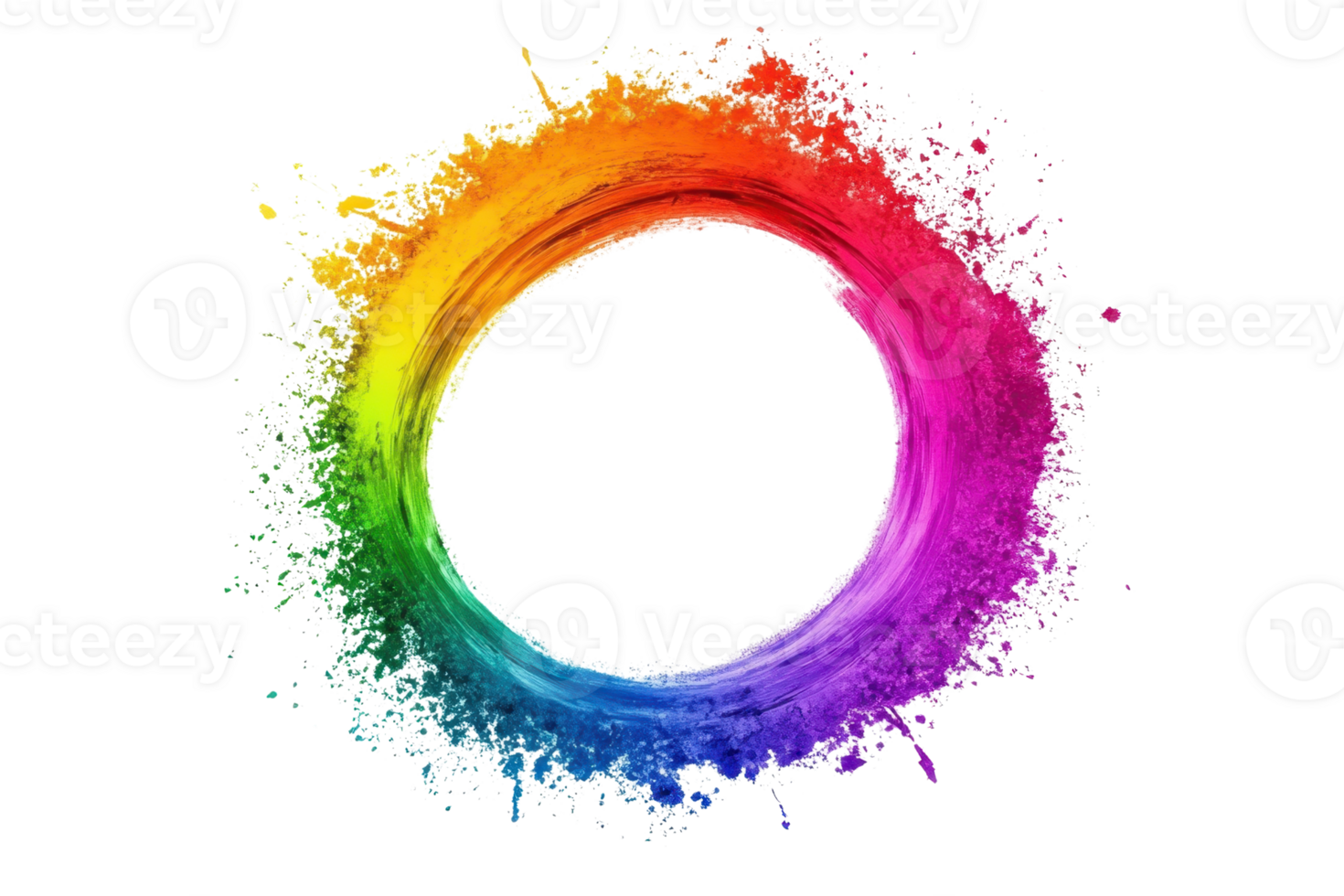 Vibrant rainbow color splash in a circular shape creating a stunning visual art piece on a transparent background. png