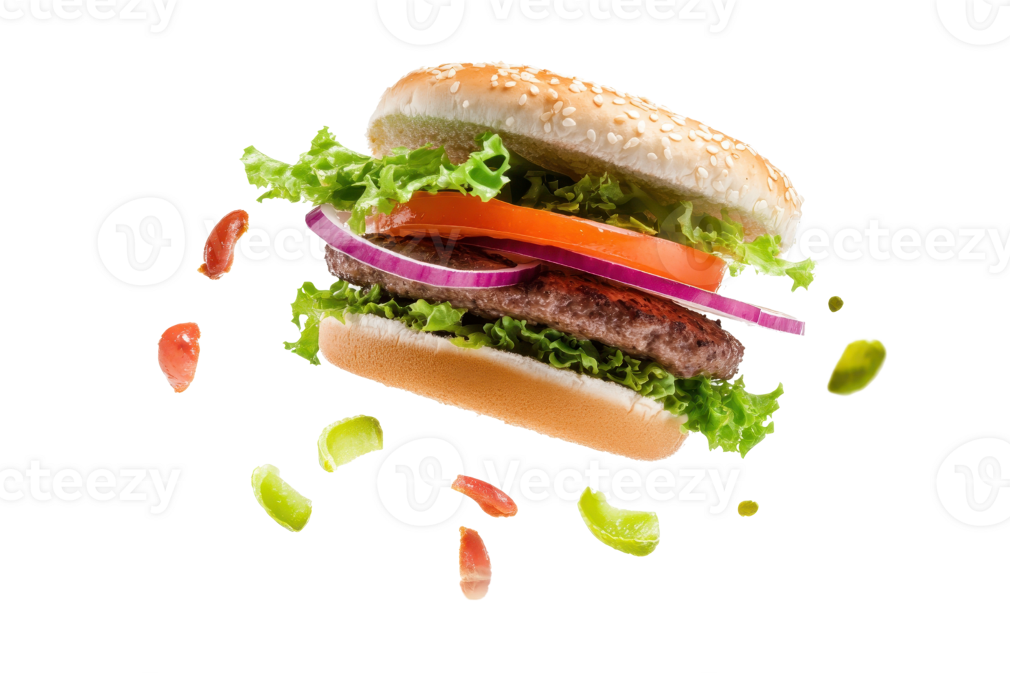 A delicious cheeseburger with fresh lettuce, tomato, red onion, and crispy bun, isolated on transparent background. with falling vegetable pieces. png