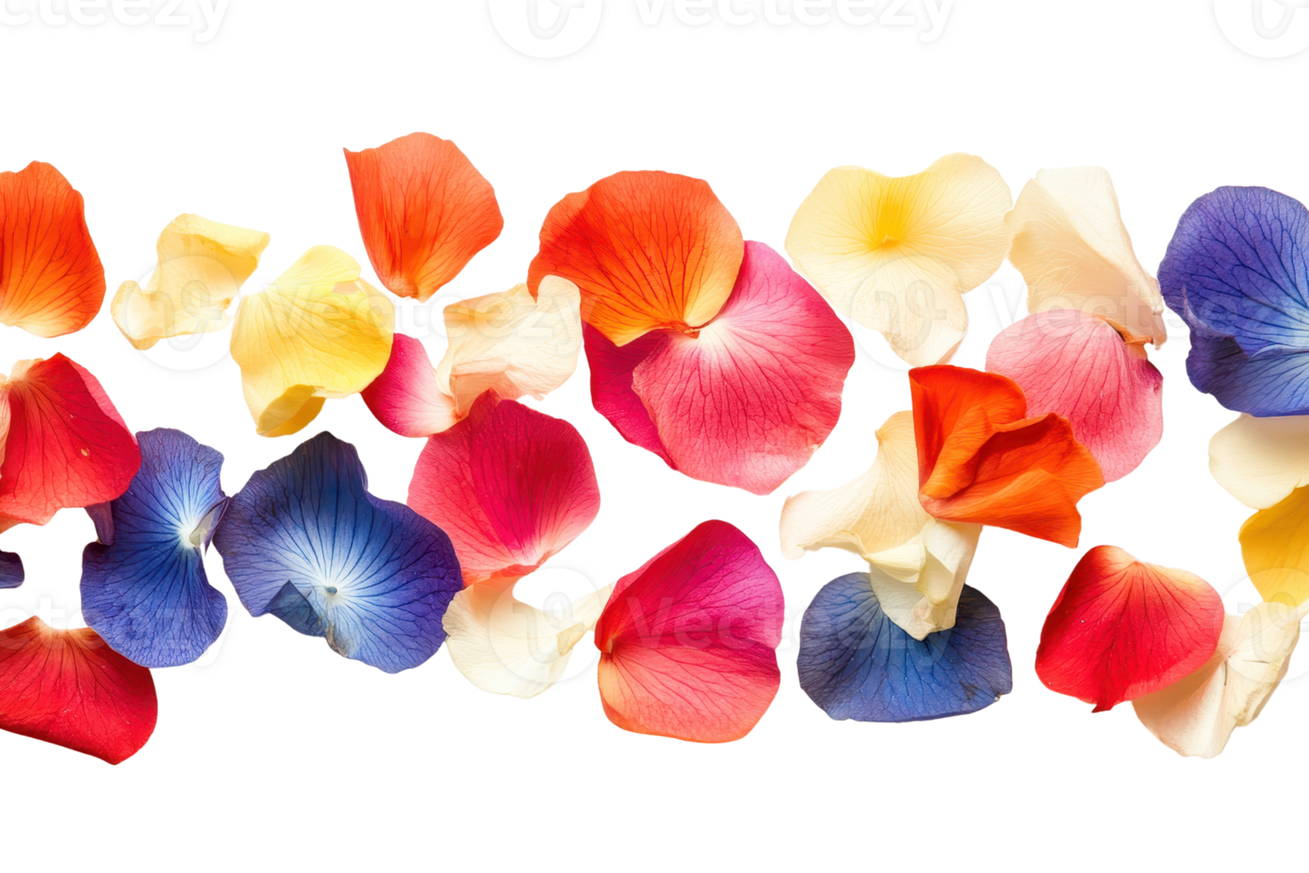 A vibrant arrangement of colorful flower petals, including reds, blues, and yellows, on a transparent background. perfect for decorative use. png