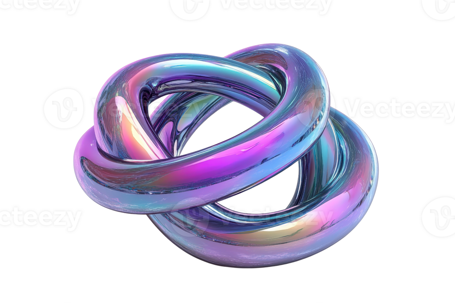 Abstract 3D rendering of a colorful, shiny, interlocking knot with an iridescent finish, isolated on a transparent background. png