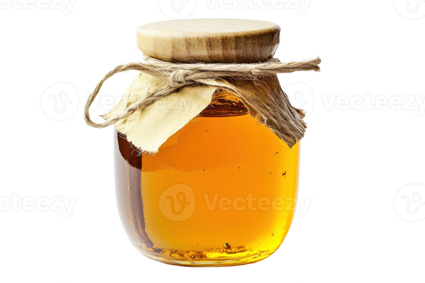 A clear jar filled with golden honey, sealed with a wooden lid and rustic twine, perfect for culinary and health uses. png