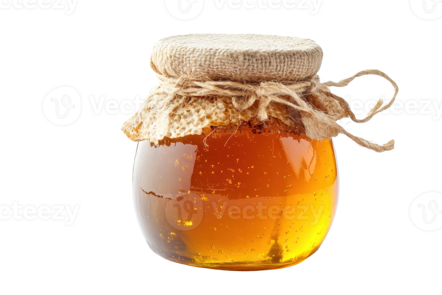 A jar of golden honey with a rustic burlap lid isolated on transparent background. showcasing its natural sweetness and rich texture. png