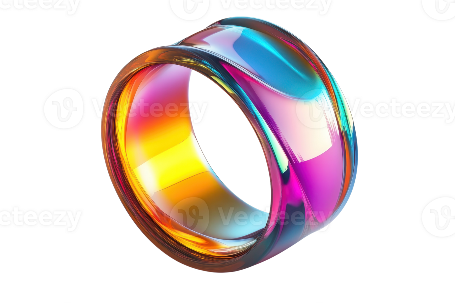 Vibrant, multicolored abstract ring with a smooth, reflective surface and flowing design, showcasing dynamic hues and modern digital art. png