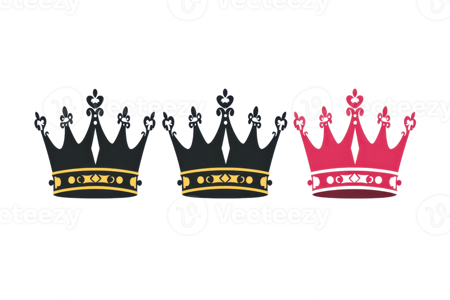 Digital illustration of two black and one red crown icons on a transparent background, perfect for royalty, leadership, and achievement themes. png