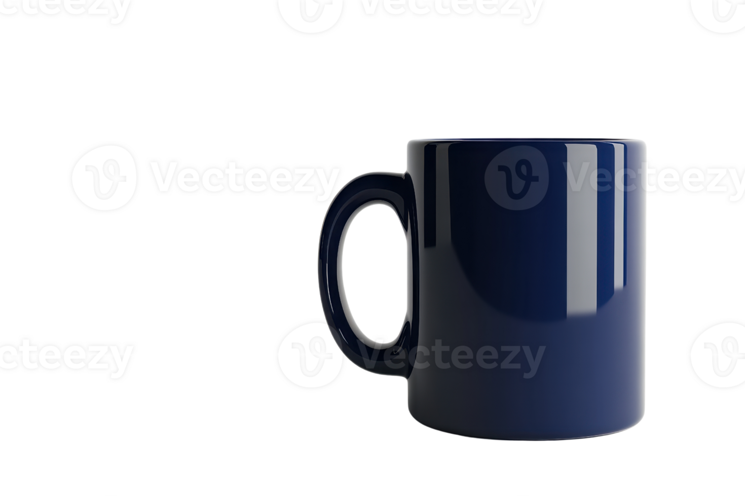 Elegant dark blue ceramic mug with a handle, perfect for coffee or tea. Isolated on transparent background. shiny surface. png