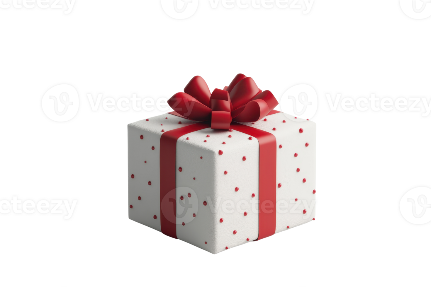Beautifully wrapped white gift box with red polka dots and a vibrant red bow, perfect for special occasions and celebrations. png