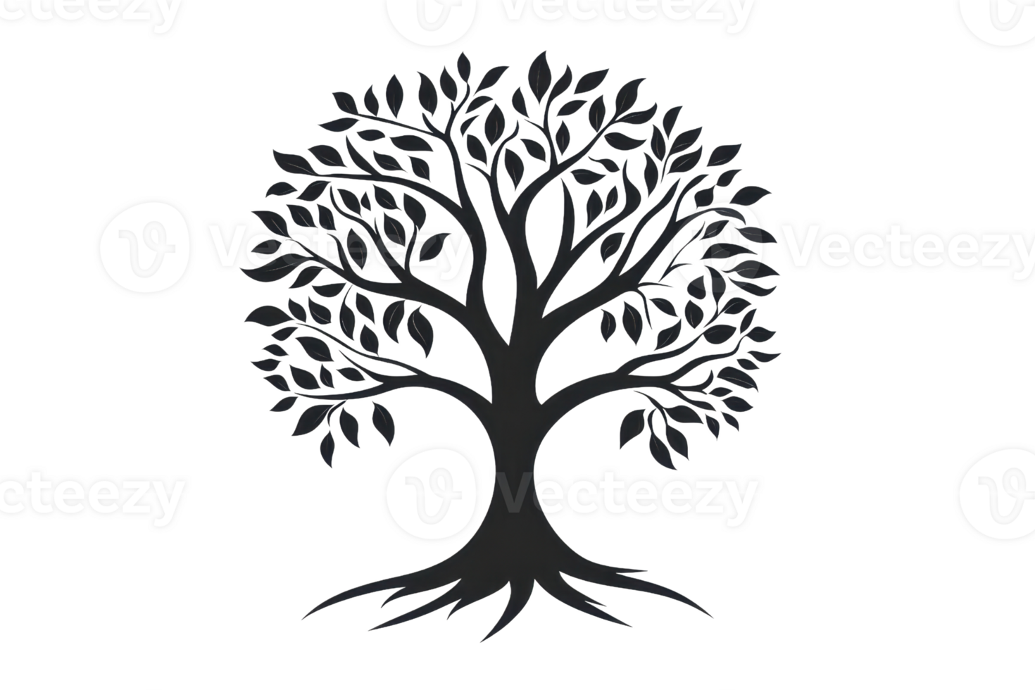 Black silhouette of a tree with detailed branches and leaves. Ideal for nature, environment, and life-themed designs and projects. png