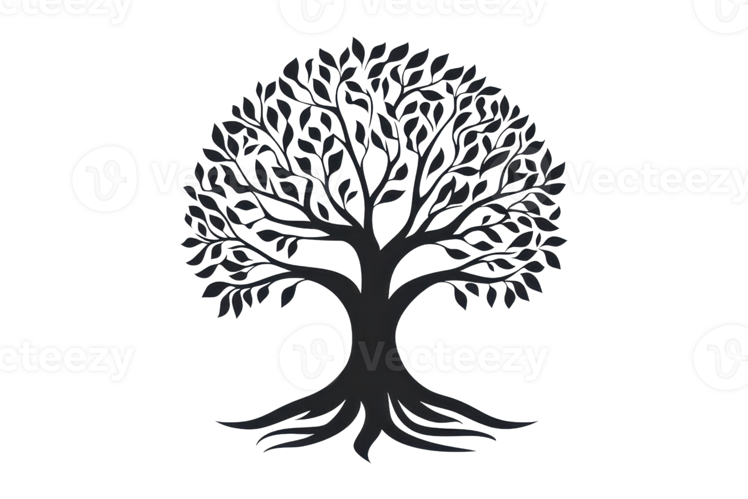 Detailed illustration of a black tree with an extensive network of branches and roots, symbolizing unity, growth, and nature. png