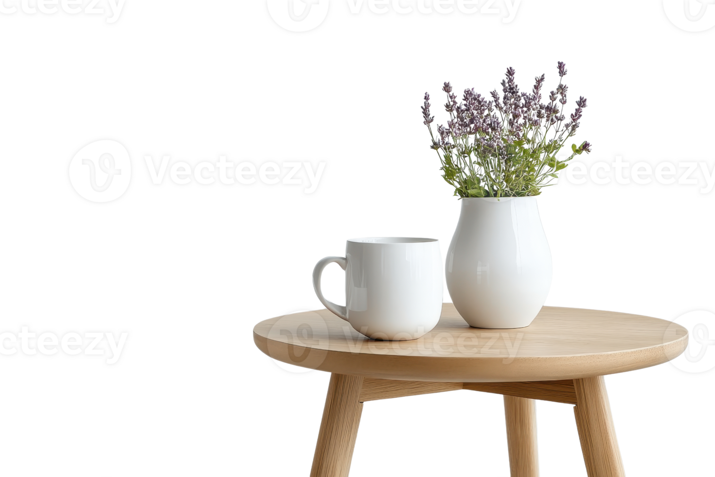 Cozy scene with a white mug and lavender flowers in a vase on a wooden table, perfect for decor or relaxation themes. png