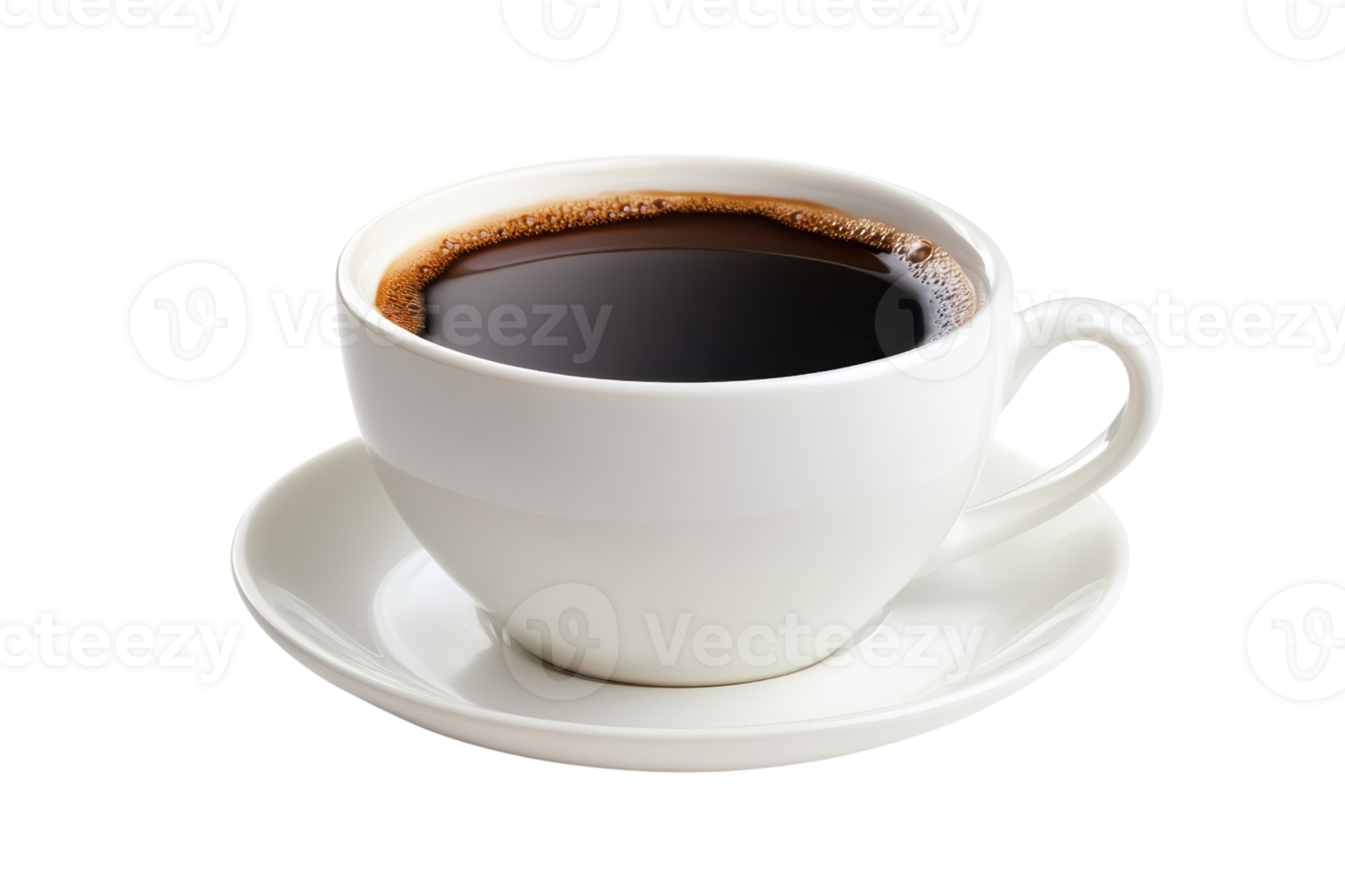 White ceramic cup filled with hot black coffee on a matching saucer, isolated on a transparent background. perfect for morning refreshment imagery. png