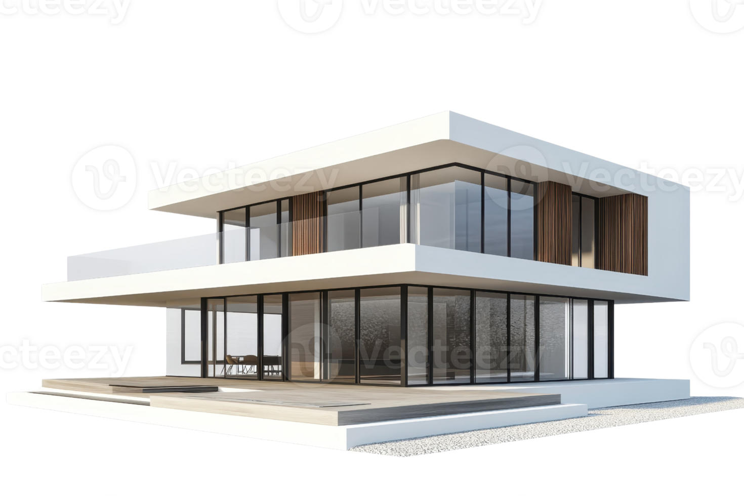 Modern two-story house with large glass windows, minimalist design, and spacious balconies in a contemporary architecture style. png