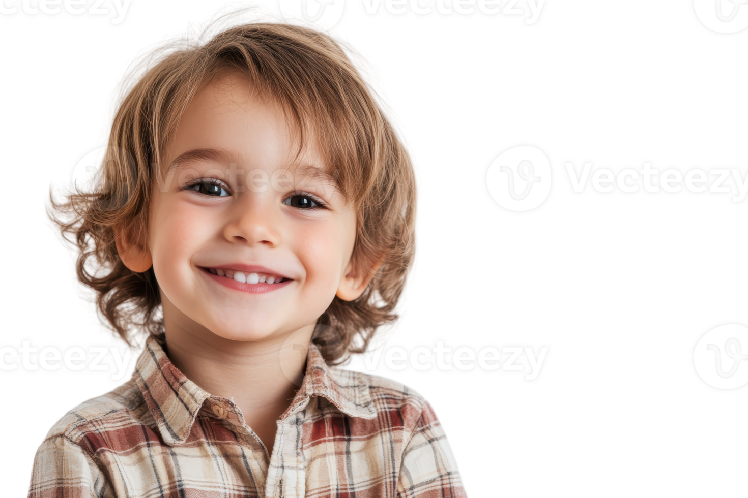 Happy child with blond hair smiling wearing a plaid shirt. Bright innocent expression with dark background. Stock photography of joyful kids. png