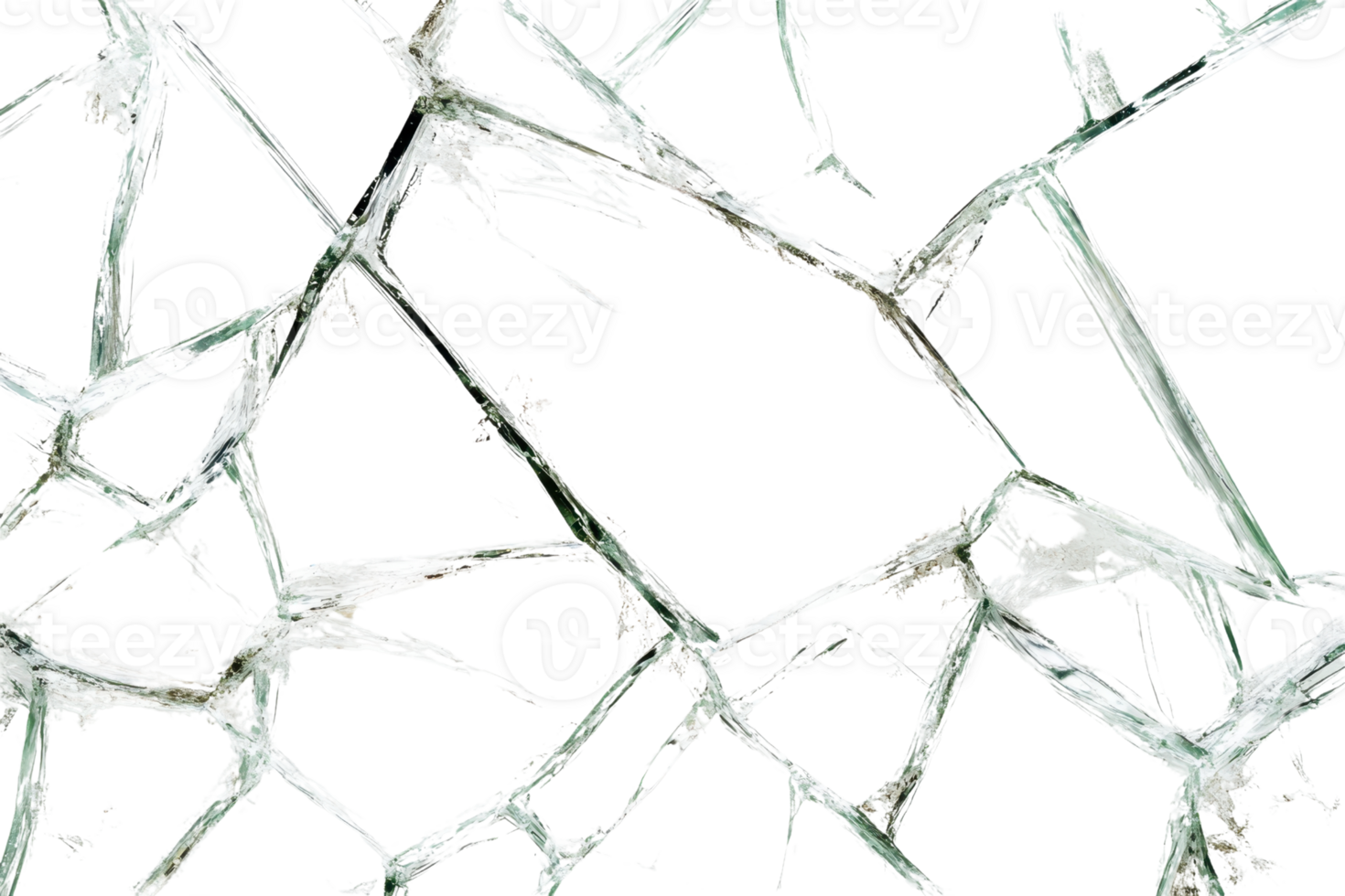 High-resolution image of shattered glass with intricate cracks and shards. Perfect for backgrounds, textures, or dramatic design elements. png