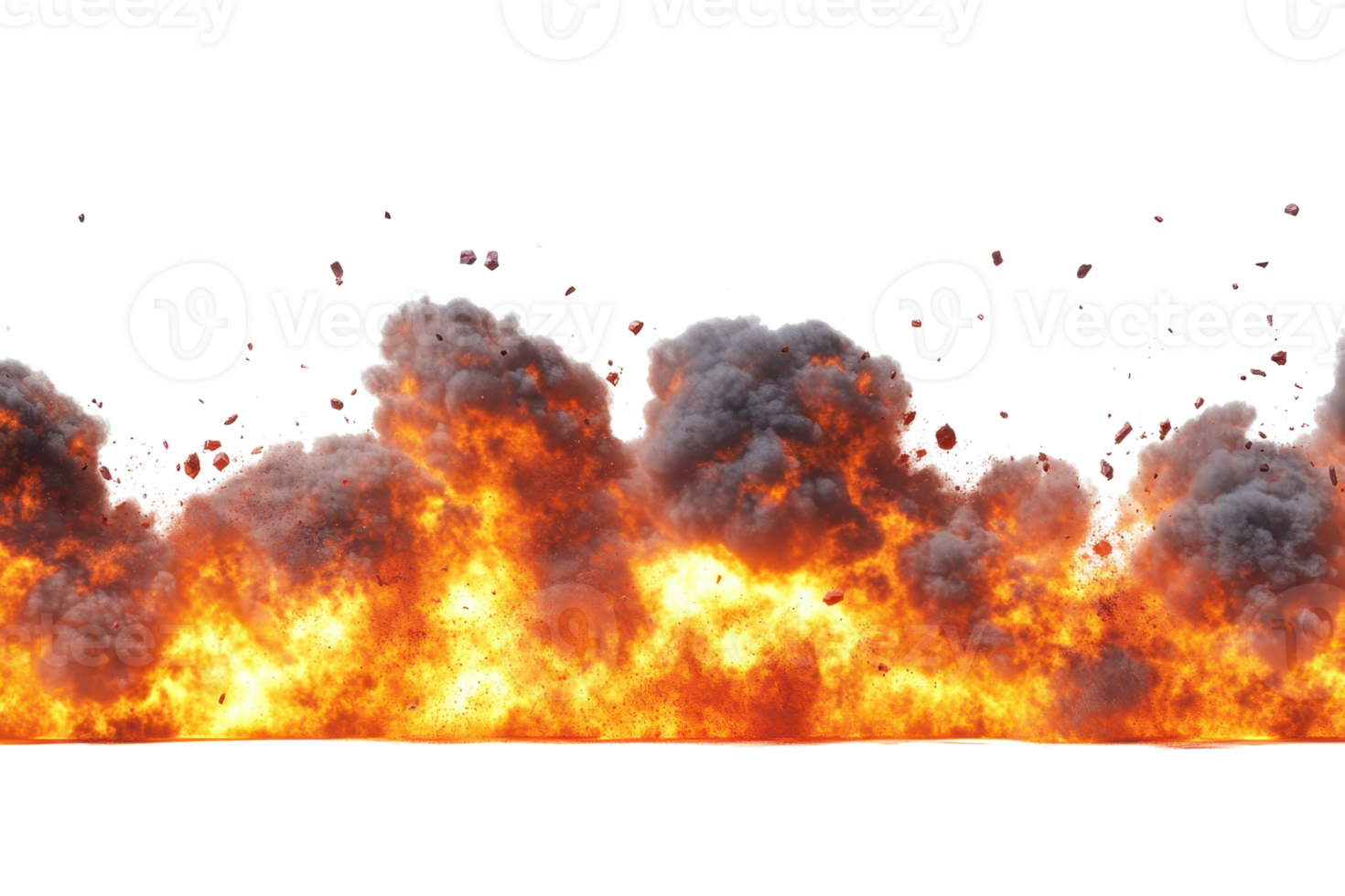 Intense explosion with bright flames and thick smoke, showcasing the dramatic power of fire and destructive elements. png