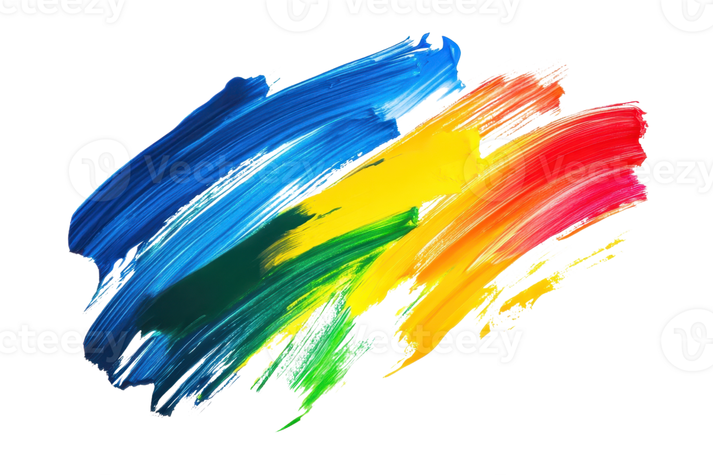 Vibrant abstract brush strokes in blue, yellow, green, red, and orange on a transparent background. Perfect for creative designs and art projects. png
