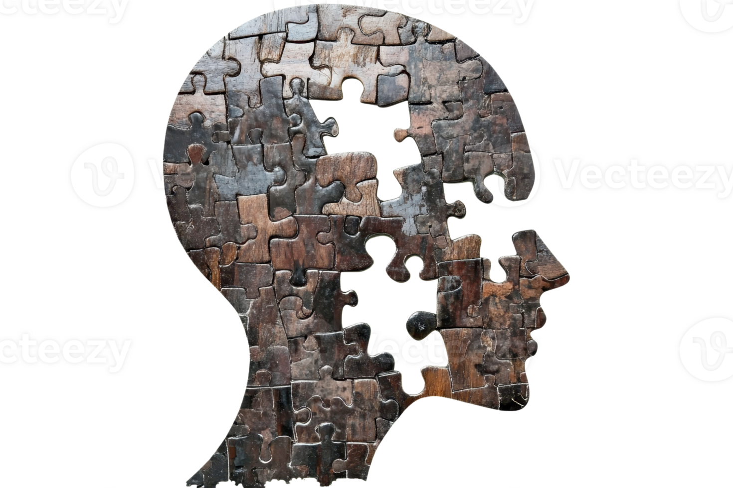 Silhouette of a human head composed of dark jigsaw puzzle pieces, symbolizing complexity, mental health, and cognitive challenges. png