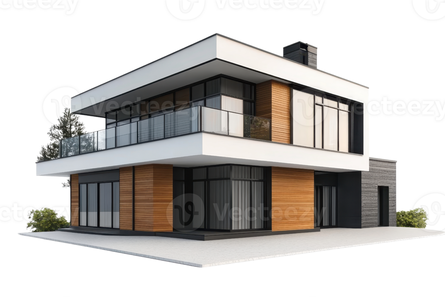 Modern two-story house with large windows, wooden accents, and a spacious balcony, ideal for luxury living or architectural inspiration. png