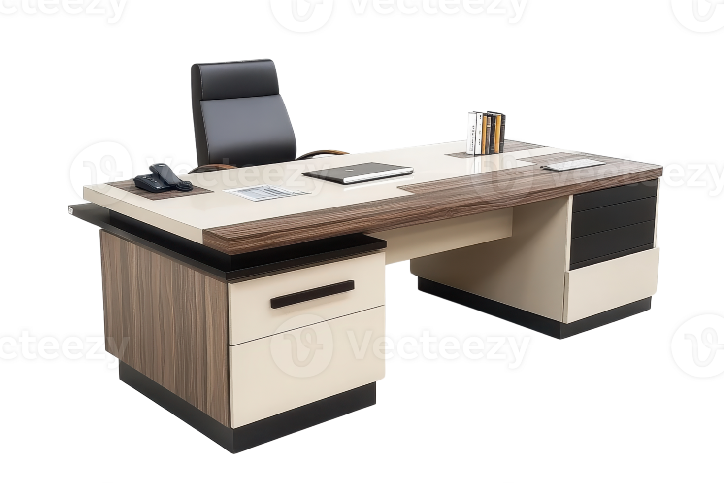 Modern office desk with comfortable chair, drawers, and essential office supplies, ready for productivity in a professional workspace. png