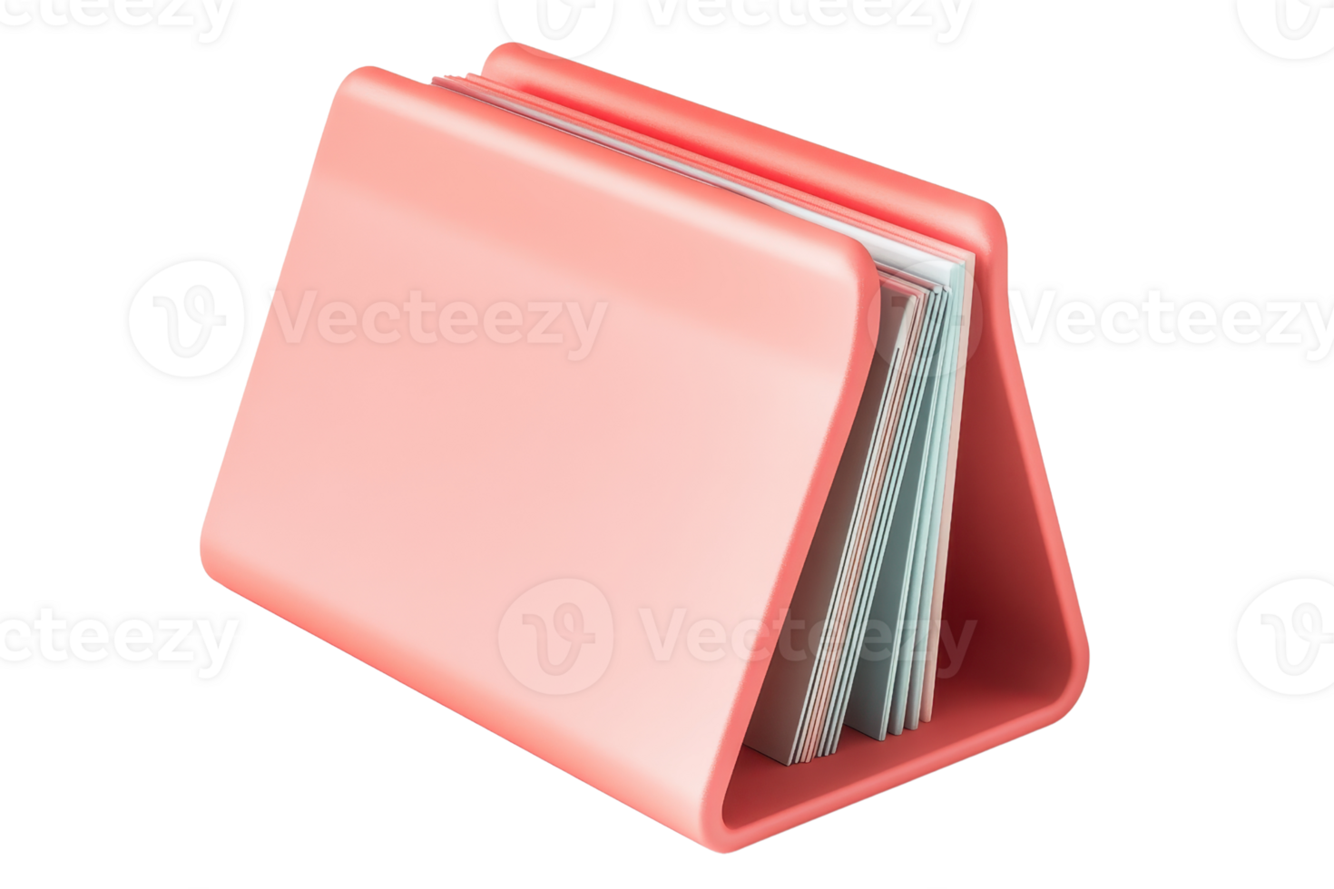 Modern pink desk organizer holding a stack of papers, ideal for keeping your workspace tidy and stylish. png