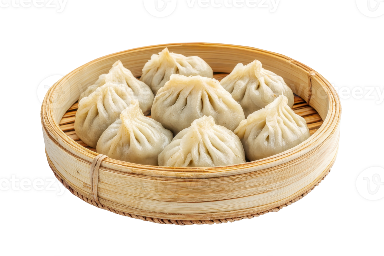 A bamboo steamer filled with freshly cooked dumplings, showcasing traditional Asian cuisine in a perfect round arrangement. png