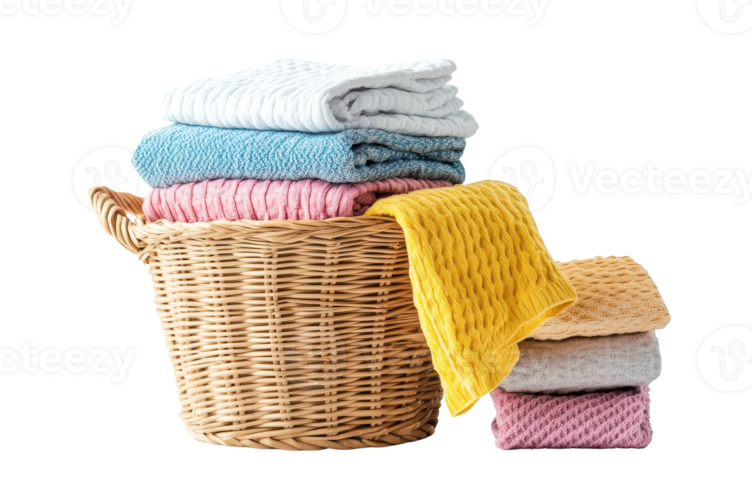 A wicker basket filled with colorful folded towels and additional towels stacked beside it, perfect for home decor and bathroom organization. png