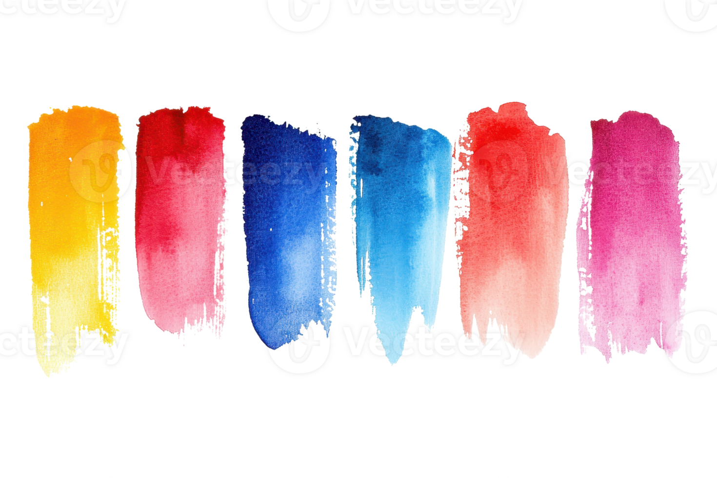 Vibrant watercolor brush strokes in a rainbow of colors, arranged in a horizontal row, perfect for art and design projects. png