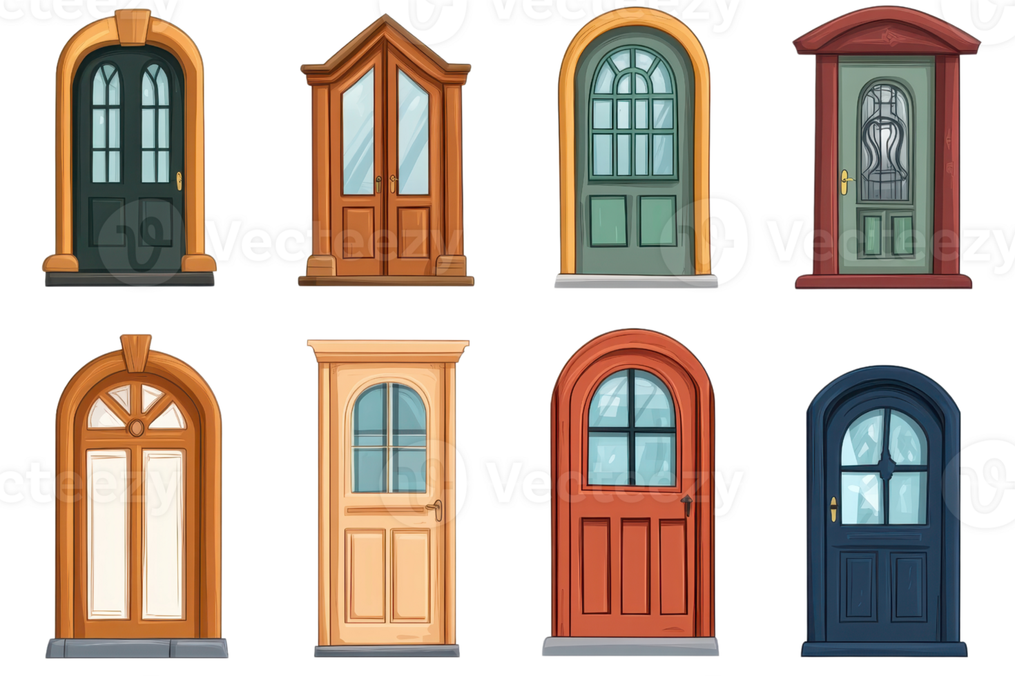 A collection of eight distinct and colorful door illustrations, showcasing various architectural styles and designs. png