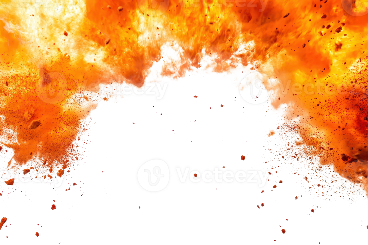 A dynamic explosion burst of fire and flames with a vibrant, intense display of energy and power against a dark background. png