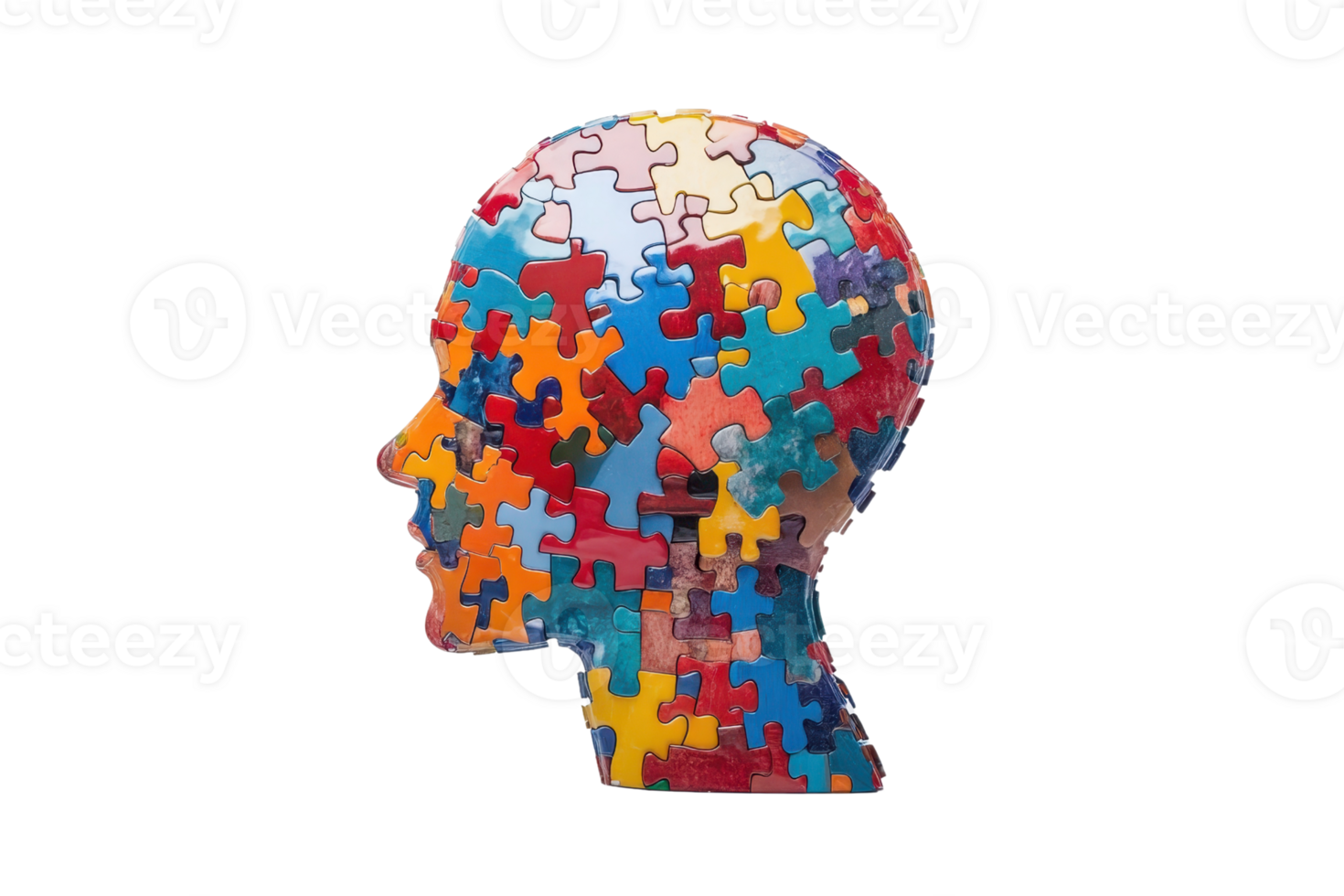 Colorful human head silhouette made of jigsaw puzzle pieces, representing mental health, complexity and cognitive processes. png