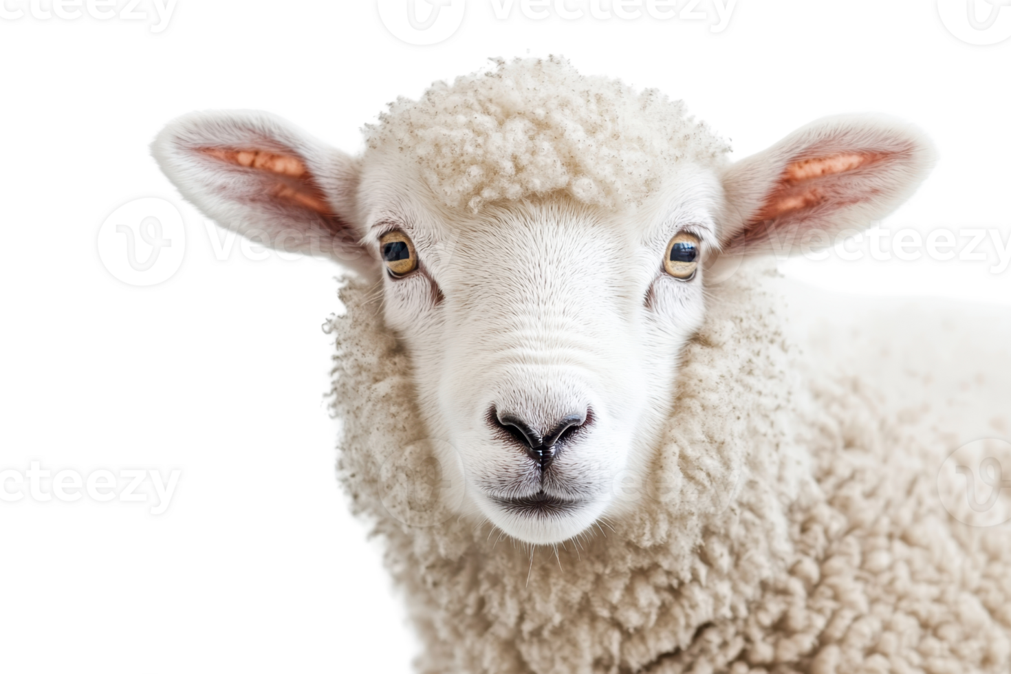Close-up of a white sheep with curly wool and alert expression. Perfect for agricultural, natural, and pastoral themed projects. png