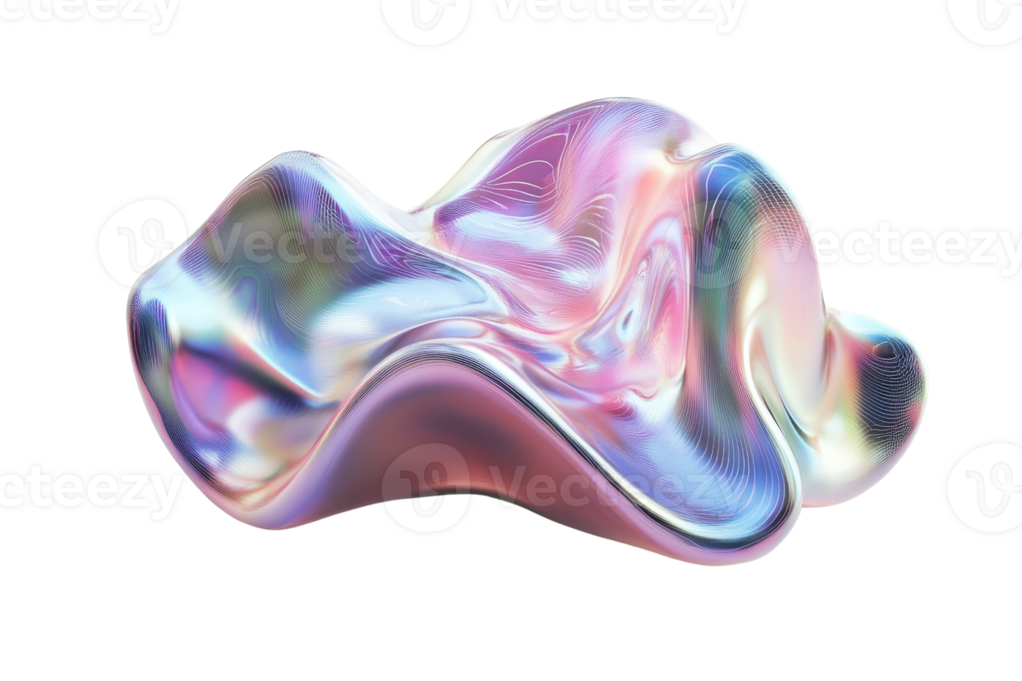 Abstract iridescent shape with fluid curves and vibrant colors, resembling a liquid metal sculpture or futuristic digital art piece. png
